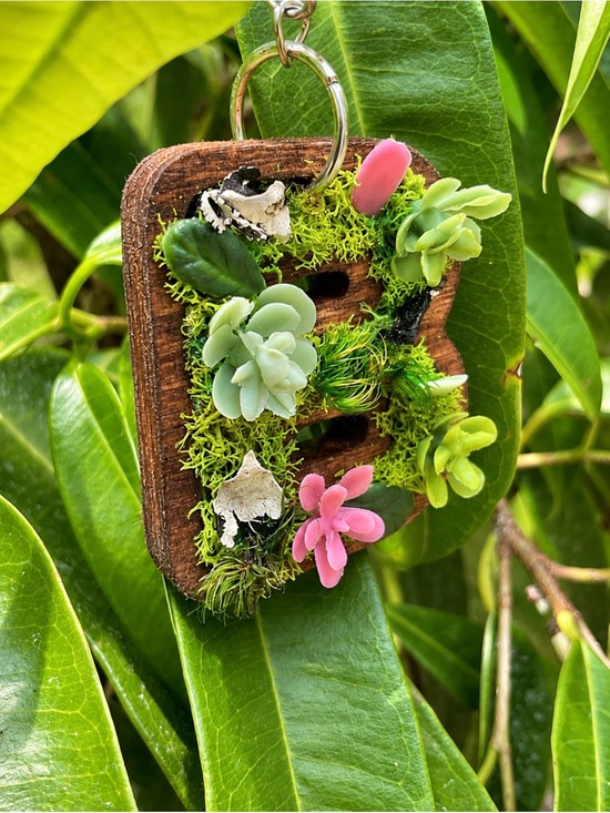 Accessories - Handmade A-Shaped Moss Keychain with Pink and Green Succulents